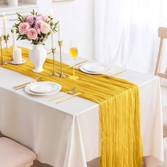 Cheesecloth Table Runner 13.3FT Long Yellow Boho Table Runner Wrinkle Rustic Gauze Wedding Dining Table Decorations for Birthday Party Baby Shower Event Easter Table Decoration