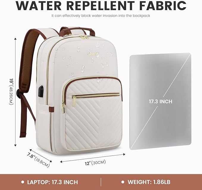LOVEVOOK Laptop Backpack for Women 17.3 inch,Cute Womens Travel Backpack Purse,Professional Laptop Computer Bag,Waterproof Work Business College Teacher Bag Carry on Backpack with USB Port,White Brown