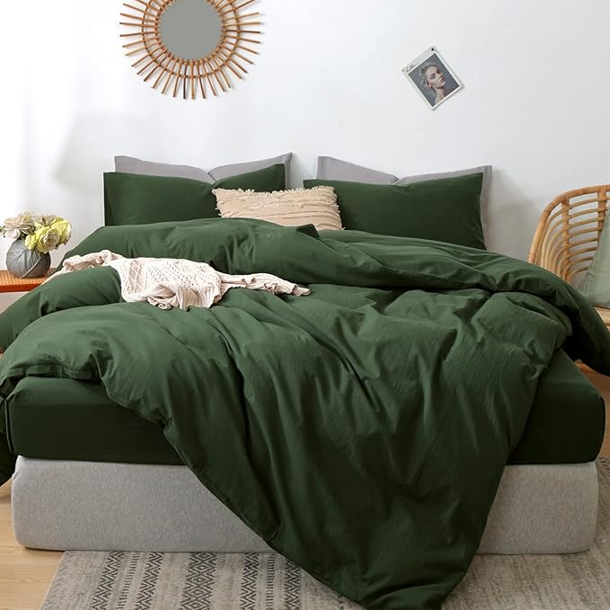 MooMee Bedding Duvet Cover Set 100% Washed Cotton Linen Like Textured Breathable Durable Soft Comfy (Solid Forest Green, Super Queen 90"x98")