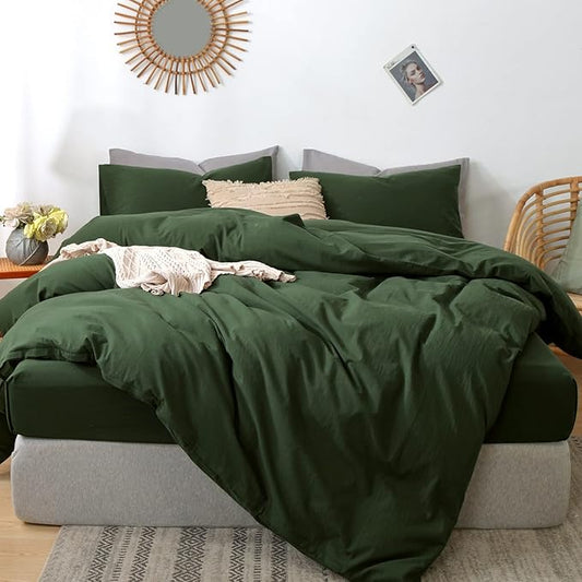 MooMee Bedding Duvet Cover Set 100% Washed Cotton Linen Like Textured Breathable Durable Soft Comfy (Solid Forest Green, Super Queen 90"x98")