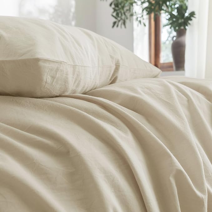 FOSSA Duvet Cover Set 100% Washed Cotton Linen Feel Super Soft Breathable Cozy 3 Pieces Bedding Sets Solid Almond Grey King