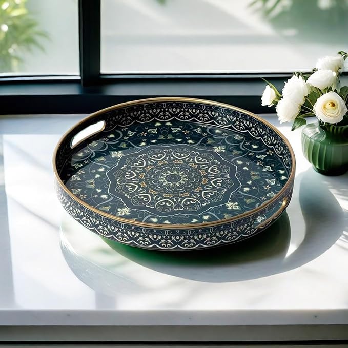 Round Serving Tray with Handles - Large Round Ottoman Tray Coffee Table Tray,Plastic Decorative Trays for Coffee Table,Boho Ottoman Trays for Living Room