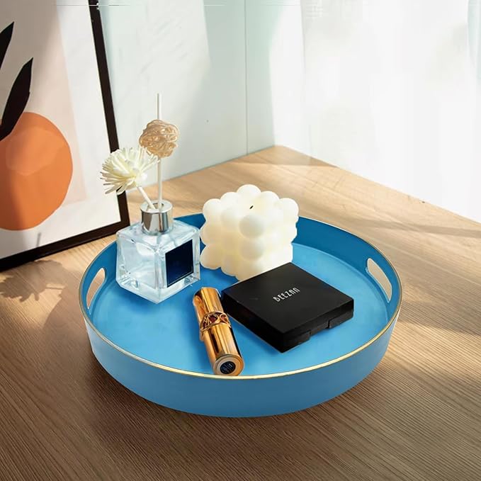 Round Serving Tray with Handles,Elegant Plastic Decorative Tray,Round Ottoman Trays Coffee Table Trays for Living Room,Home Decor 13"
