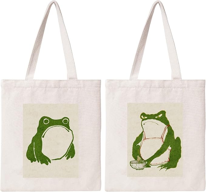 Cute Frog Tote Bag Aesthetic Funny Frog Tote Bag Cotton Canvas Bag For Women Gift Bag Reusable Grocery Bag Beach Bag