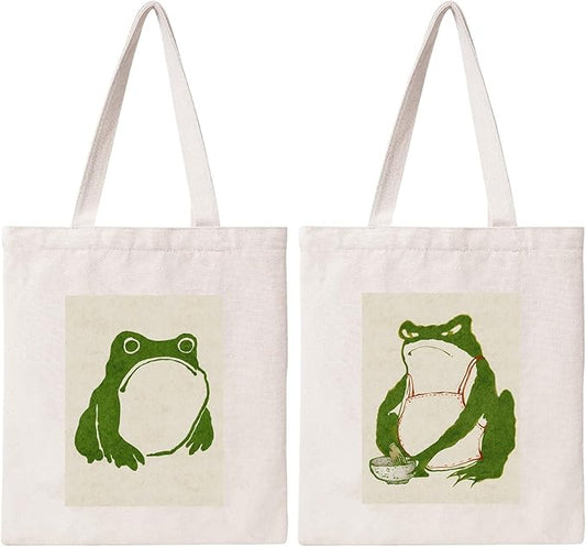 Cute Frog Tote Bag Aesthetic Funny Frog Tote Bag Cotton Canvas Bag For Women Gift Bag Reusable Grocery Bag Beach Bag