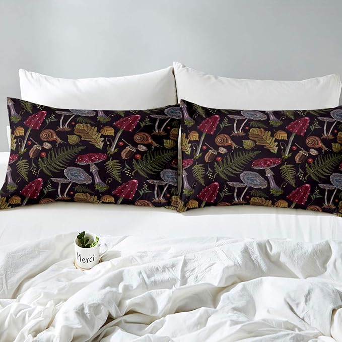 Castle Fairy Wild Mushroom Print Duvet Cover,No Comforter, Burgundy Plant Autumn Leaves Bedding Set for Teens Women Farmhouse Style Snail Print Comforter Cover Queen Size,No Comforter