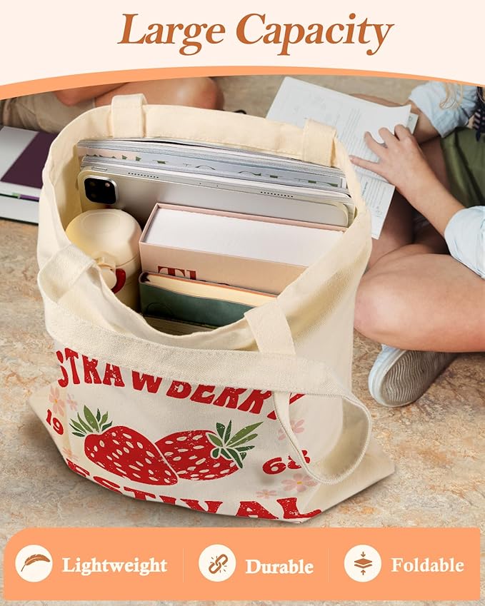 Canvas Tote Bag with Pocket - Aesthetic Cute Canvas Bag for Women Shoulder Totes for Shopping, Work, Gym