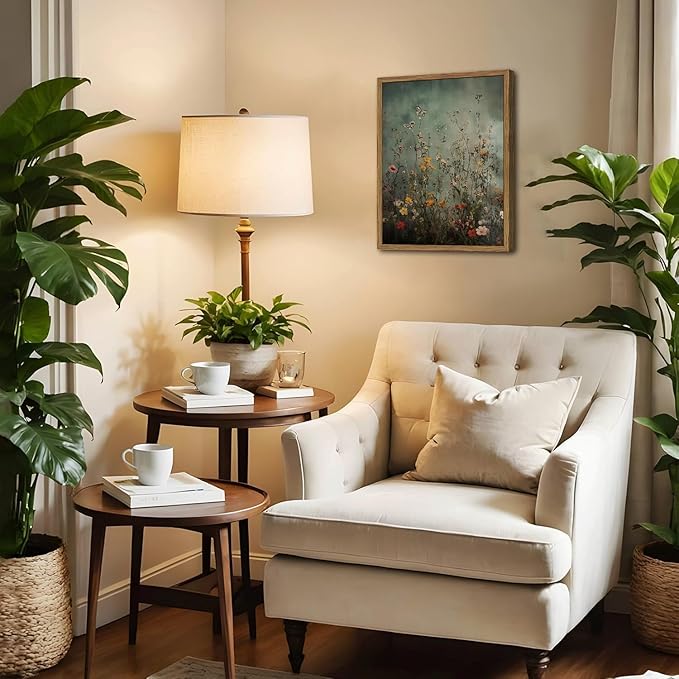 Vintage Wildflower Wall Art, Green Flower Wall Decor Painting, Hand Drawn Sandstone 3D Textured Farmhouse Botanical Nature Landscape Artwork for Living Room Bedroom 12x16 inch Wood Framed