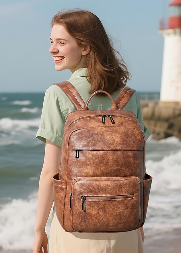 Leather Laptop Backpack for Women 15.6 Inch Laptop Travel Backpack Purse Casual Daypack with Laptop Compartment for College Work Nurse Business Weekender, Brown