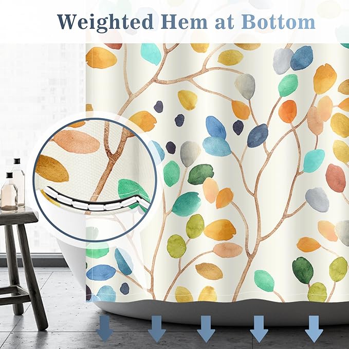 Aimego Colorful Spring Shower Curtain - Watercolor Plant Leaves Floral Summer Nature Botanical Fabric Cloth Bath Shower Curtain Set with 12 Hooks for Bathroom Decor Accessories, 72"x72"
