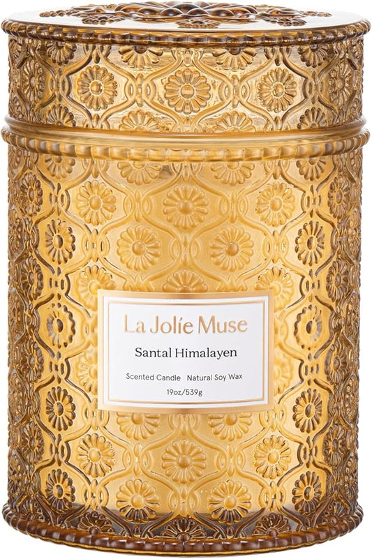 LA JOLIE MUSE Sandalwood Candle, 19 oz Wood Wicked Large Candles for Home Scented, Scented Candle Gifts for Men&Women, Long Burning Glass Jar Candles, Santal Himalayen