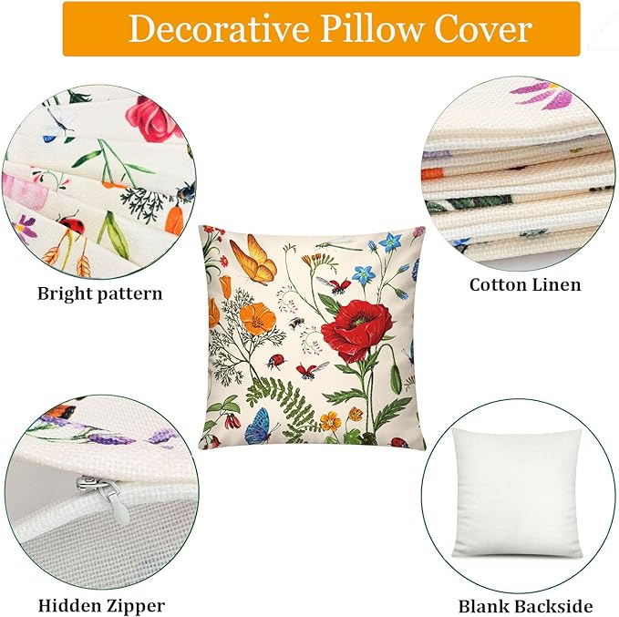 COMMINY Red Pink Flower Pillow Cover 18x18 Set of 6 Summer Throw Pillow Covers Colorful Floral Cushion Covers for Couch Sofa Living Room Home Decor