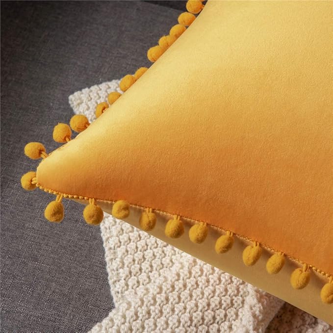 DEZENE Couch Pillow Covers 20x20 Golden Yellow: 2 Pack Cozy Soft Pom-poms Velvet Square Throw Pillow Cases for Farmhouse Home Decor