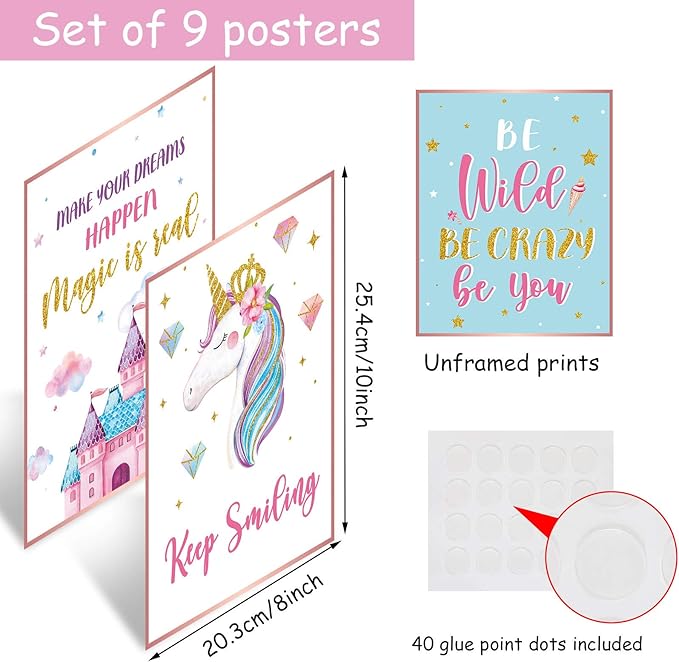 Zonon 9 Pcs Unicorn Wall Decor Girls Room Inspirational Unicorn Art Prints Poster Watercolor Rainbow Flower Girls Bedroom Decor Cute Unframed for Christmas Kids Teen Nursery Decoration Gift, 8" x 10"