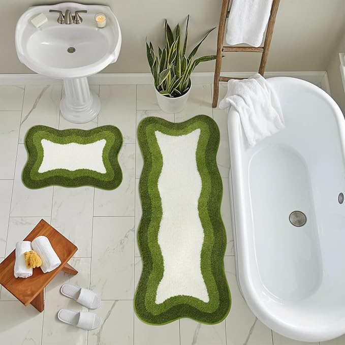HAOCOO Bathroom Rugs Runner 18x47 inch, Non Slip Soft Green Rug Irregular Shape Bathroom Mats, Washable Absorbent Long Bathroom Rugs for Bedroom Aesthetic Bathtub Sink Shower