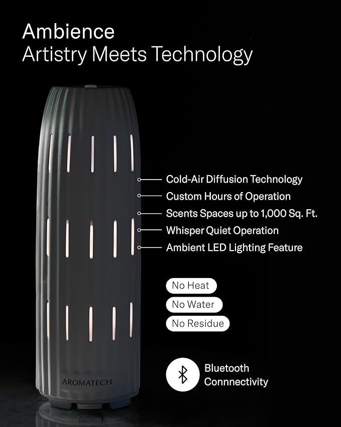 AromaTech Ambience Scent Diffuser for Essential Oil Blends & Fragrances – Waterless Scent Machine w/Bluetooth for Home, Bathroom Boutiques, Hotel, Spa – White Stone