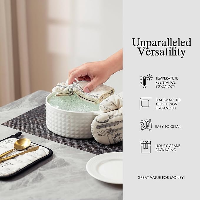 Placemats Set of 12 - Easy Clean Woven Vinyl Placemats for Dining Table, Indoor/Outdoor Place Mats, Washable PVC Table Mats（Black/Brown）