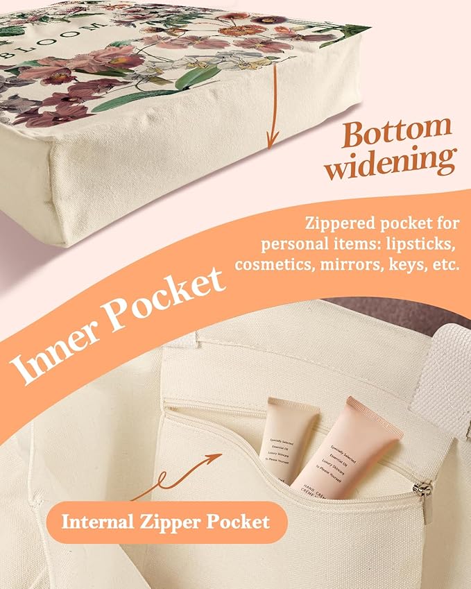 Aesthetic Heavy Canvas Tote Bag with Pocket for Women, Cloth Gusseted Totes Bag with Pattern for Shopping