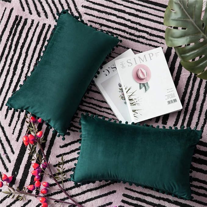 DEZENE Decorative Pillow Covers 12x20 Green: 2 Pack Cozy Soft Pom-poms Velvet Rectangular Throw Pillow Cases for Farmhouse Home Decor