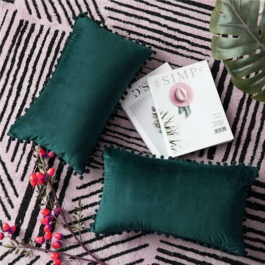 DEZENE Decorative Pillow Covers 12x20 Green: 2 Pack Cozy Soft Pom-poms Velvet Rectangular Throw Pillow Cases for Farmhouse Home Decor