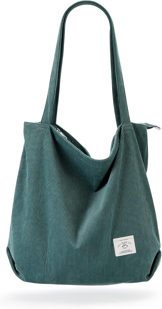 KALIDI Women Corduroy Tote Bag Zipper Casual Tote's Handbag Big Capacity Shoulder Bag with Pockets