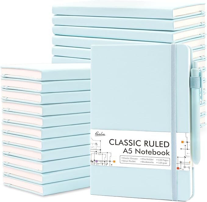 feela 24 Pack Journal Notebook Bulk for Work, Business Notebook Hardcover Lined Writing Journal with Pen Holder for Students Women Note Taking, with 24 Black Pens, 120 GSM, 5.1”x8.3”, A5, Sky Blue