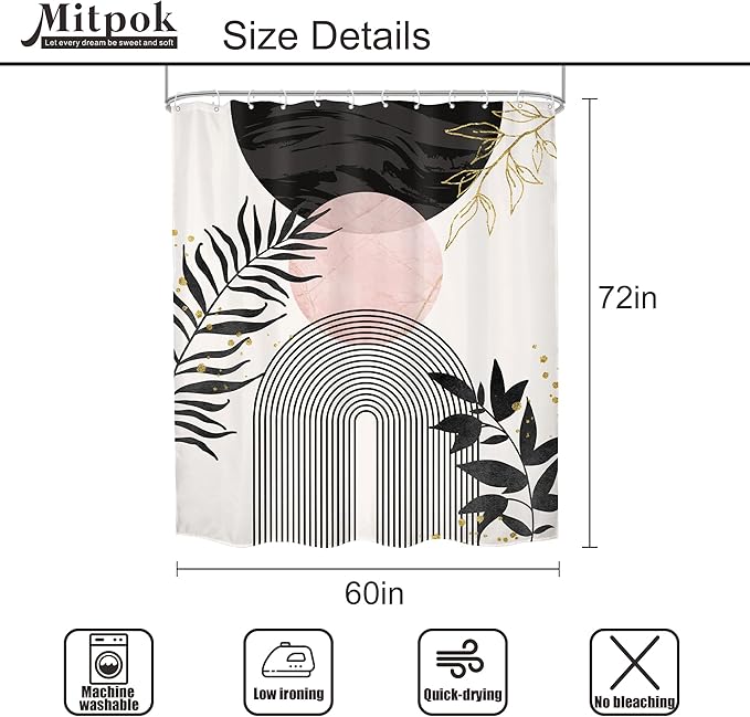 Black Pink Boho Shower Curtain Mid Century Modern Abstract Bohemian Minimalist Gold Leaves Sun Arch Geometric Plant 60Wx72H Bathroom Decor Neutral Bath Curtain Fabric Polyester 12 Pack Hooks