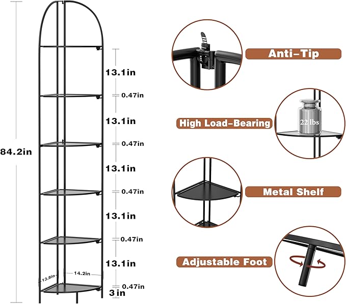 Crofy Foldable 6 Tier Corner Shelf, Metal Corner Plant Stand with Black Frame and Black Shelves, Corner Display Rack Multipurpose Shelving Unit for Living Room, Bedroom, Bathroom