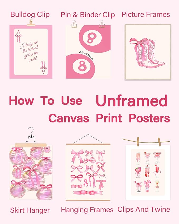 ASTRDECOR Pink Coquette Trendy Preppy Wall Art Prints Set of 6, Preppy Room Decor, Pink Bow Lucky 8 Ball Disco Wall Decor Posters, Coquette Room Decor Aesthetic for Girls Bedroom Dorm, 8x10 Unframed