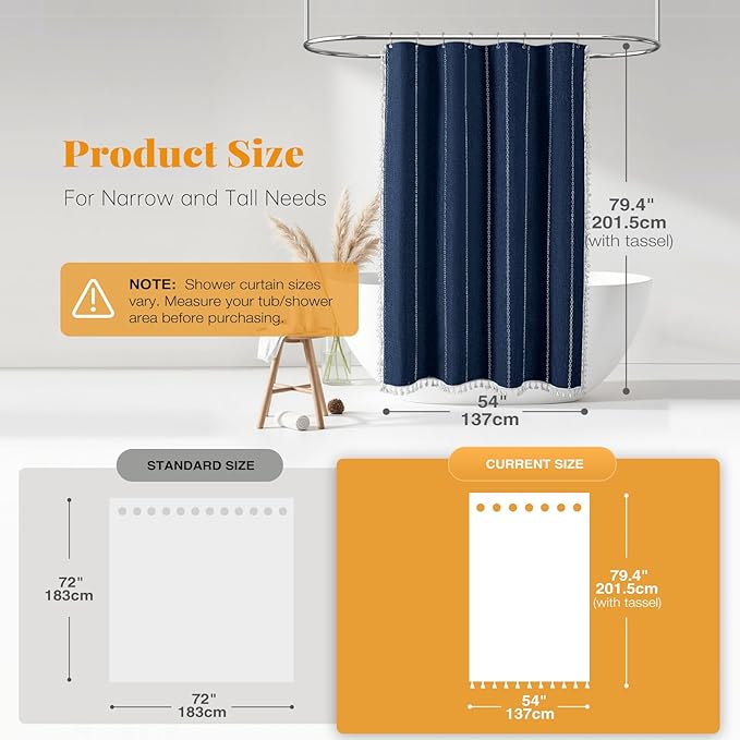 BTTN Stall Fabric Shower Curtain - 54x78 Boho Striped Linen Heavy Duty Tassel Shower Curtain Set with 10 Hooks, Narrow Rustic Modern Farmhouse Bohemian Thick Shower Curtains for Bathroom - Navy Blue