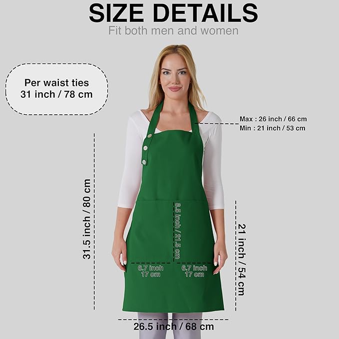 TOSHE Kitchen Apron Waterdrop Resistant Cotton Apron with adjustable Aprons for Women with Pockets 12 Color option Cooking Green Apron (Green)