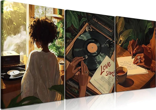 Black Woman Wall Art Set of 3 Fashion Black Girl Wall Decor, Trendy African American Women Music Poster Song Lover Canvas Prints Artwork for Bedroom Living Room 16x24 inch Framed