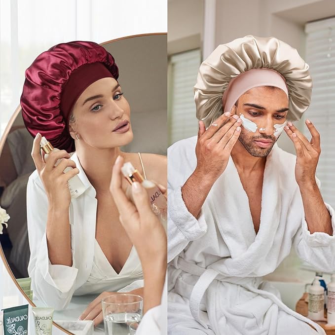 Satin Silk Bonnet for Sleeping, Double Layer Silk Sleep Cap for Men & Women, Soft Satin Lined Bonnet for Natural & Curly Hair(Champagne Pink)