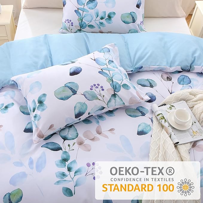 MUXHOMO Duvet Cover King Size, Reversible Floral Blue Duvet Cover Set with Zipper Closure, 3 Pieces Botanical Patterns Soft Microfiber Bedding Set (90"x104", 2 Pillow Cases 20"×36")