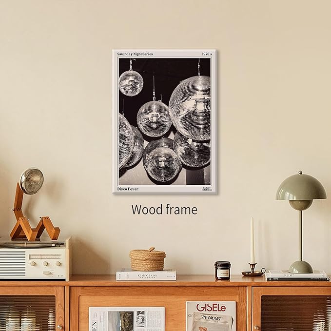 70s Disco Ball Newspaper Wall Art Vintage Black and White Art Posters 16x24 inch Framed Funky Aesthetic Canvas Prints Retro Bar Cart Decor for Bar Bedroom