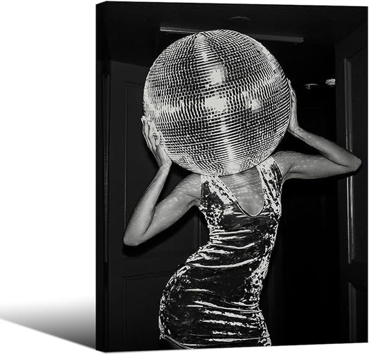 Vintage Funky Y2k Hot Girl Poster Black and White Disco Ball Canvas Wall Art 08x10 inch Framed Trendy Preppy Bar Cart Decor for Living Room Dorm