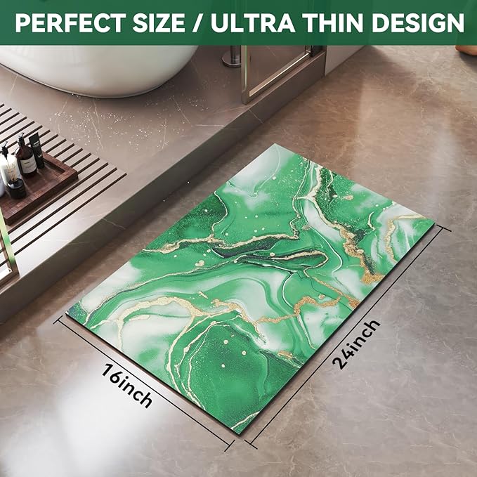 Non Slip Bath Mat Ultra Thin Bathroom Rug Fit Under Door, Rubber Backing Quick Dry Super Absorbent Washable Shower Bath Mats Green 16x24
