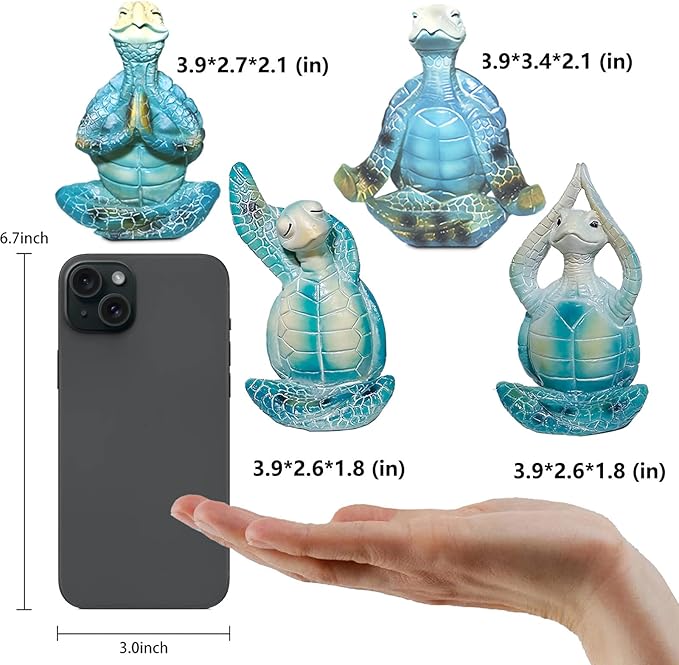 4PCS Yoga Sea Turtle Figurines,Meditation Zen Statue Decor Set for Bathroom Office Desk Table Shelf Ornament Beach Theme Gifts for Women Turtle Lovers Ocean Animal Resin Sculptures Decoration