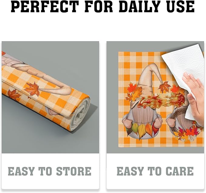 Giwawa Fall Gnome Placemats Set of 4- Autumn Thanksgiving Pumpkins Maple Leaves Table Mats 12"x18"- Orange White Checkered Plaids Linen Heat Resistant Place Mat for Kitchen Dining Farmhouse Decor