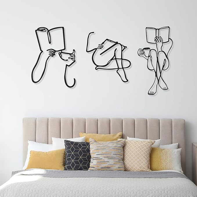 3 Pcs Metal Wall Art Decor Minimalist Abstract Woman Wall Art Metal Modern Line Drawing Decor Female Single Line Home Hanging for Bedroom Kitchen Bathroom Living Room(Book)