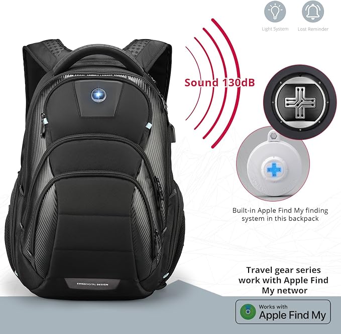 Swissdigital Design Men's 17 Inch Laptop Backpack with Apple Find My Network and USB Charging Port, Large Capacity Business Travel Backpack for College and Business | SD1643FB-01