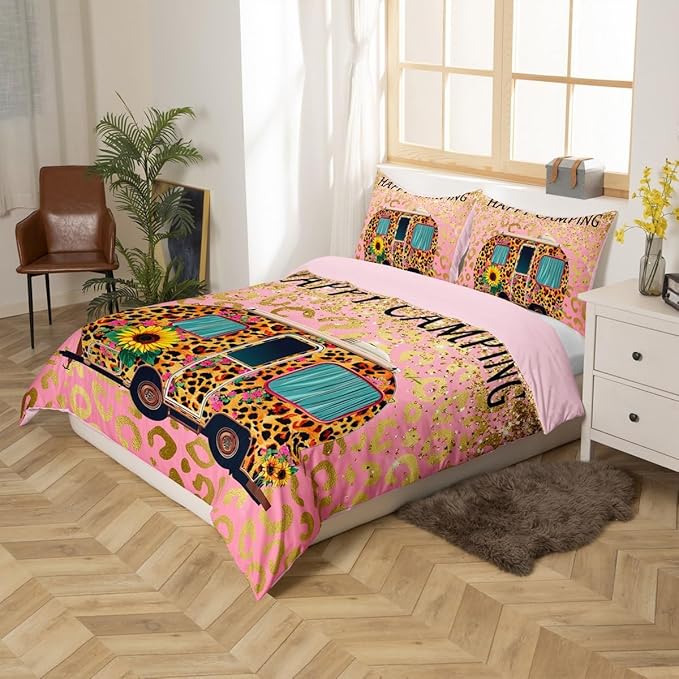 Camper Bedding Set Full Size Comforter Cover for Kids Teen Girls Boys Room Decor,Happy Camping Theme Quilt Cover Leopard Cartoon Car Duvet Cover with 2 Pillowcases, Pink Golden