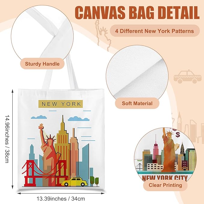 Paterr 4 Pcs City Souvenir Tote Bag-New York Chicago Seattle Los Angeles Boston San Francisco Paris Italy Las Vegas Nashville