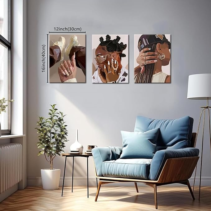 Marllifenney 3Pcs Black Girl Wall Art Framed Trendy Black Woman Decor Posters Abstract African American Canvas Prints Modern Black Women Painting Female Pictures for Bedroom Living Room Dorm 12x16in