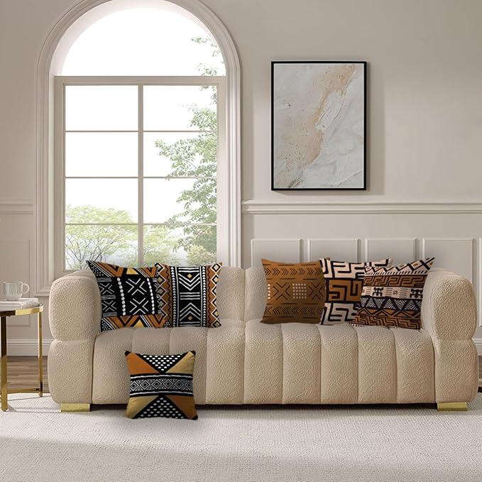 African Throw Pillow Covers Set of 6, Rustic Mud Cloth Texture Brown Pillowcase Boho Ethnic Mudcloth Home Decor Outdoor Decorative Cushion Case 18"X18"