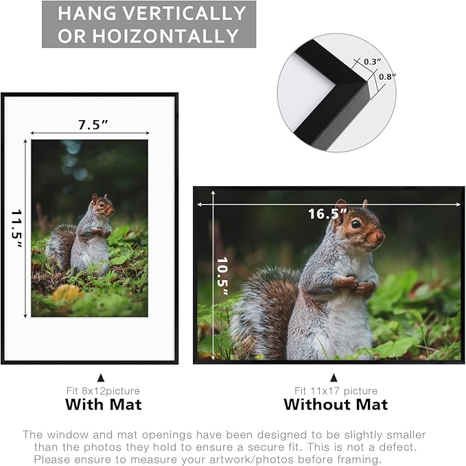 Golden State Art 11x17 Picture Frame 3 Pack - Aluminum Frames with 8x12 Removable Mats & Real Glass, Display 11x17 Posters or 8x12 Photos - Black Gallery Wall Frames for Home Office Decor