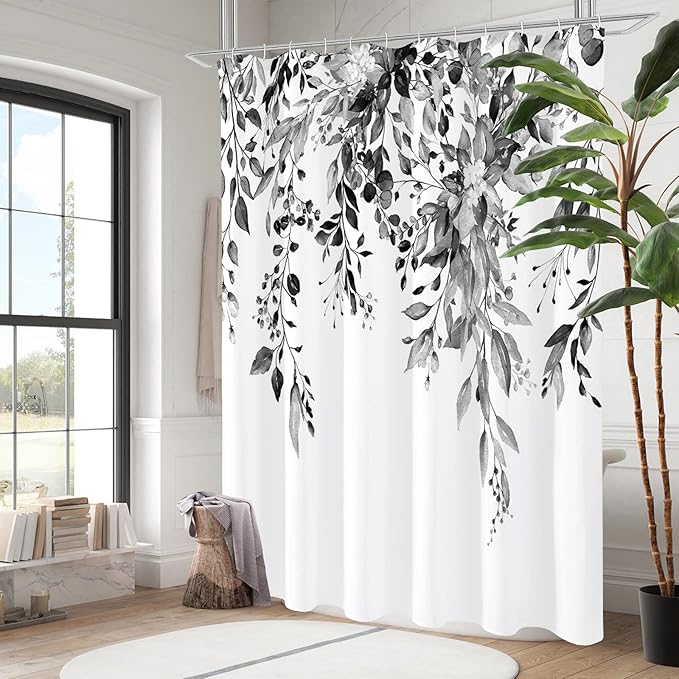 Gibelle Black and White Eucalyptus Shower Curtain, Grey Watercolor Plant Leaves with Floral Bathroom Shower Curtain Set with Hooks, 72x72