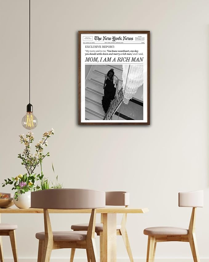 EcoHest Trendy Newspaper Framed Wall Art, Walnut Color 12x16 in OAK Wood Mom I Am a Rich Man Canvas Art, Magazine Girly Poster College Dorm Decor, Set of 1 for Bedroom Living Room