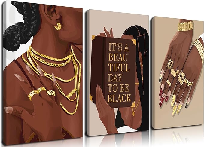 Marllifenney 3 Pcs Black Woman Wall Art Framed Black Girl Posters Abstract African American Canvas Prints Black Women Painting Decor Modern Boho Female Pictures for Bedroom Living Room Office 12x16in