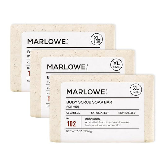 MARLOWE. No. 102 Body Scrub Soap 7 oz (3 Bars), Oud Wood, Exfoliating Soap Bar with Shea Butter, Olive Oil & Green Tea Extracts, Cleanses, Smooths & Revitalizes Skin, Earthy & Smoky Scent